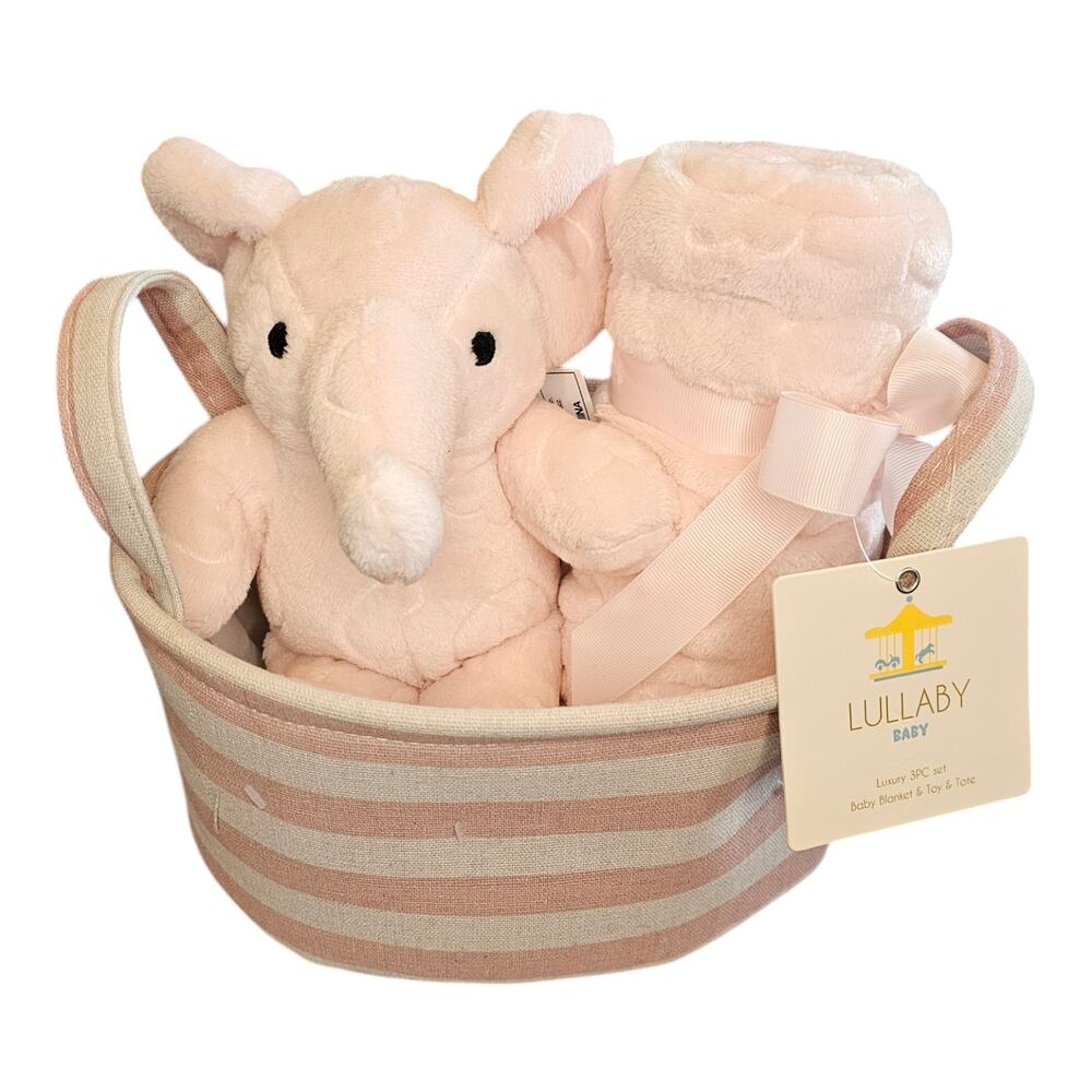 NWT Lullaby Baby 3pc Pink  30X40 blanket, plushie pink tan sm tote